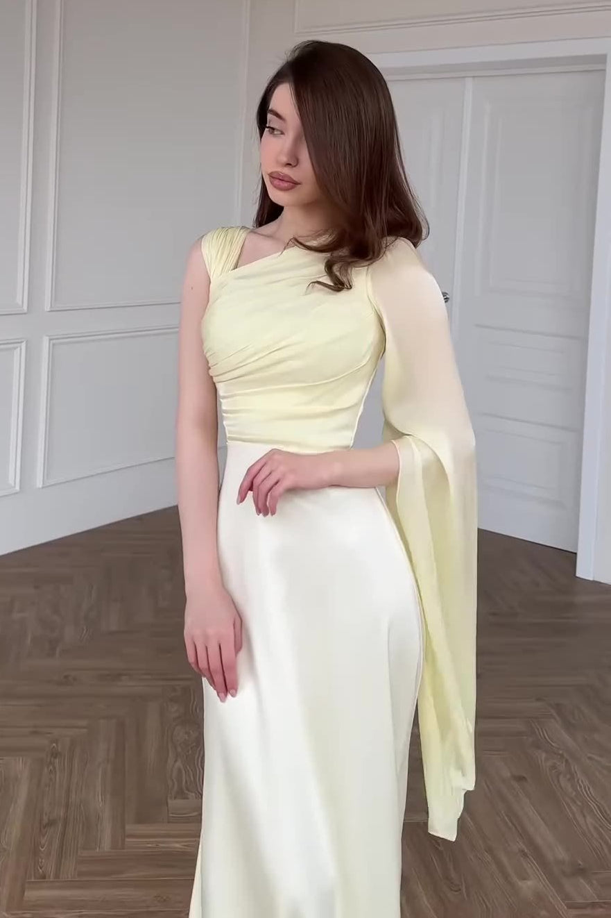 Chiffon One Shoulder Cape Sleeve Ruched High Slit Maxi Dress