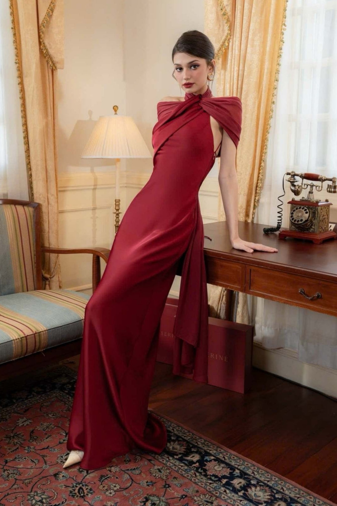 Satin One Shoulder Draped Cape Sheath Gown