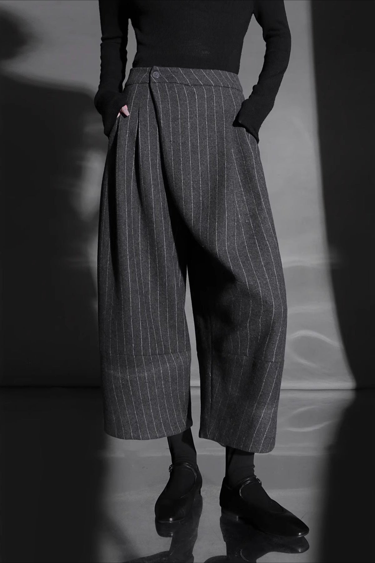 Pinstripe Wrap Front Pleated Wide Leg Cropped Trousers