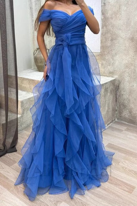 Off Shoulder Sweetheart Ruched Tiered Tulle A-Line Maxi Gown