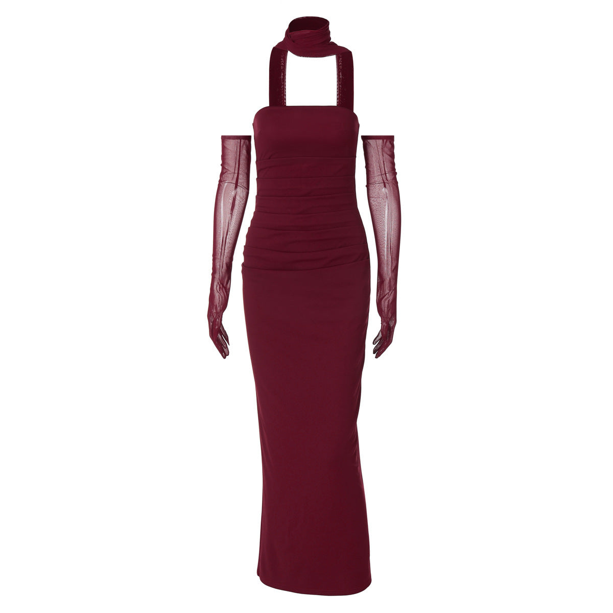 Strapless Ruched Bodycon Maxi Dress with Neck Scarf and Mesh Gloves 12