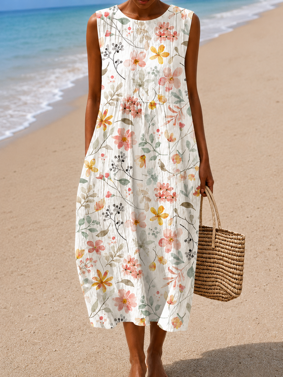 Floral Round Neck Sleeveless Linen Midi Dress