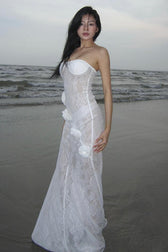 Sheer Lace Strapless Floral Applique Train Lace Dress