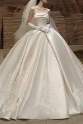 Strapless Satin Cathedral Train Wedding Dress in White - View 3