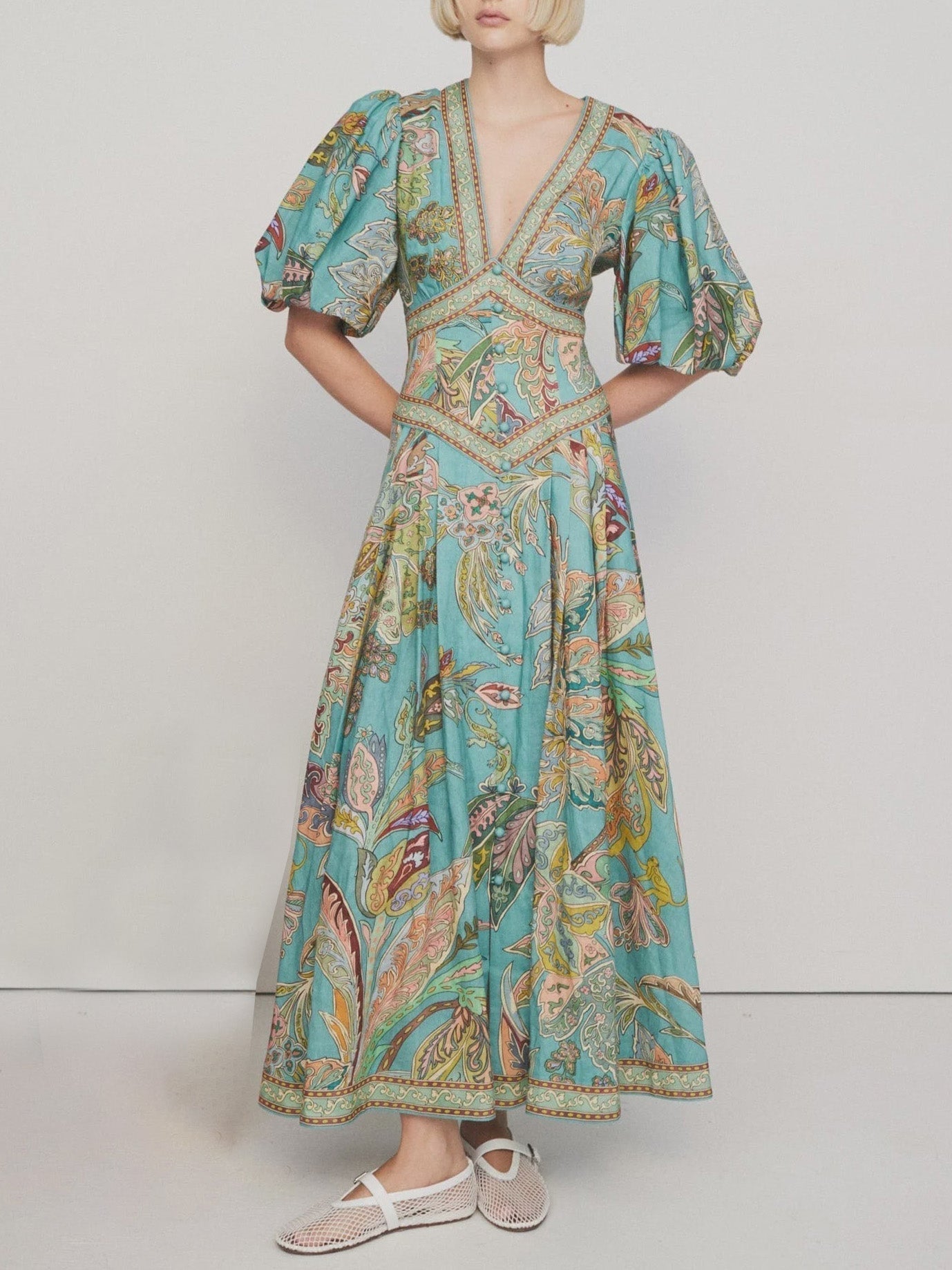 Satin Floral Print Puff Sleeve Midi Dress