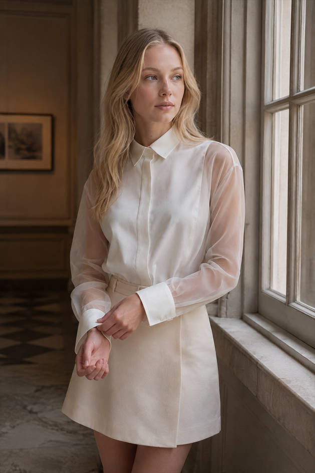 Sheer Organza Long Sleeve Collared Concealed Button Front Shirt