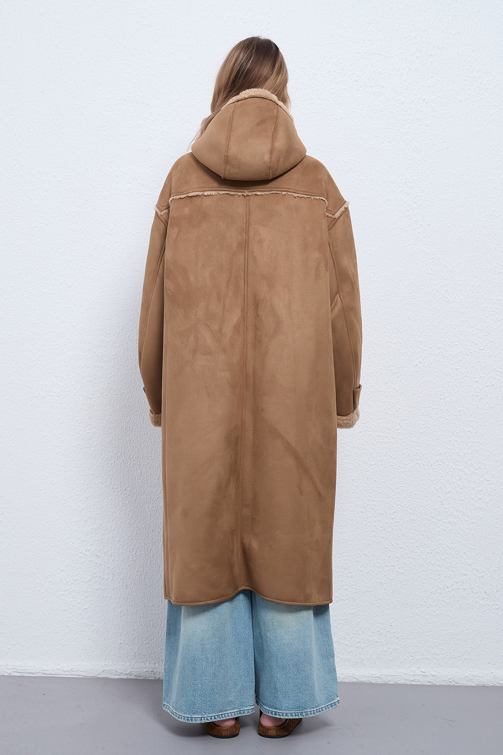 Hooded Suede Shearling Horn Button Long Thick Overcoat