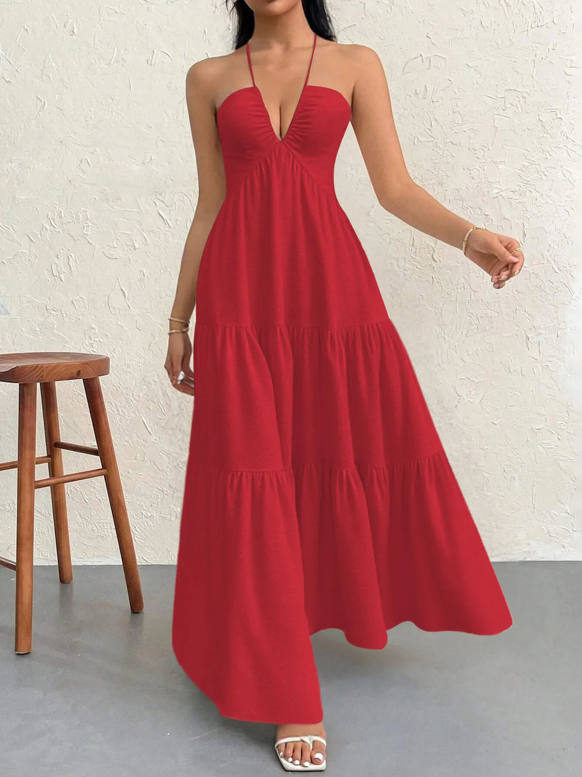Halter Neck Deep V-Neck Sleeveless Tiered Maxi Dress 11