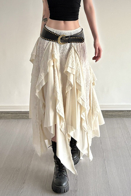 Textured Lace Cascading Ruffle Handkerchief Hem Midi Skirt