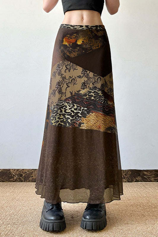 Patchwork Animal Print Sheer Mesh Low Waist Maxi Skirt 5