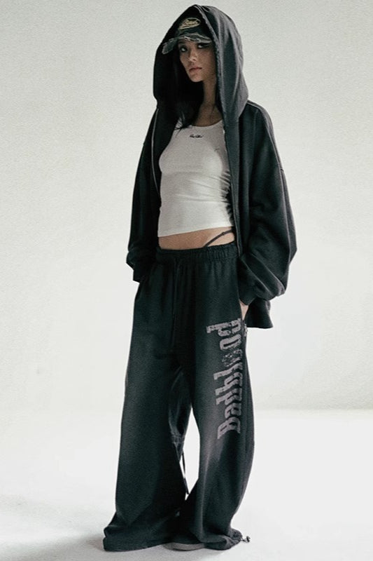 Washed Letter Graphic Elastic Waist Baggy Wide Leg Sweatpants 2