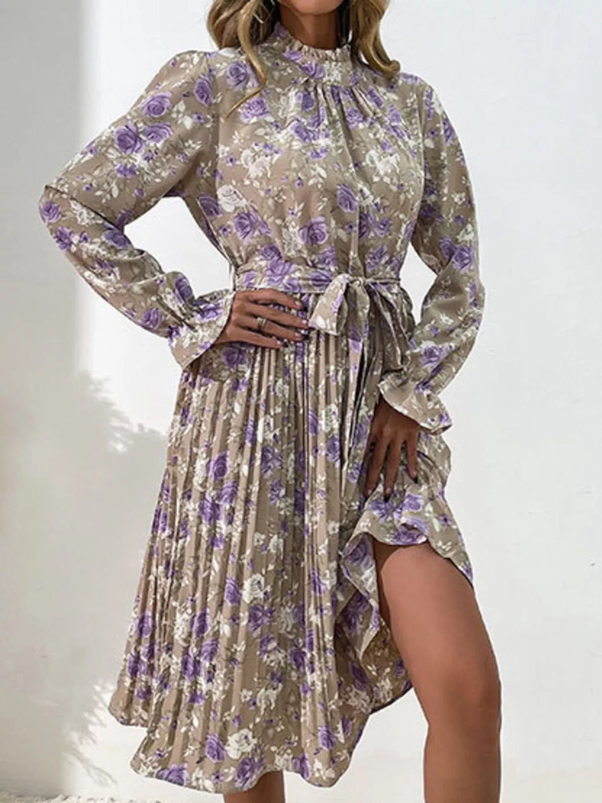 Floral Print Ruffle Mock Neck Long Sleeve Belted Pleated Midi Dress 5