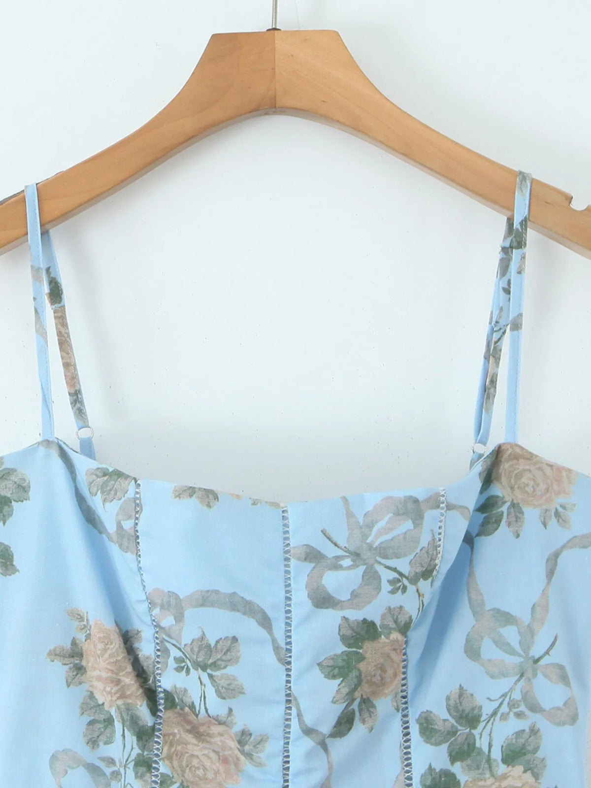 Floral Ribbon Print Corset Bodice Cami Pleated Midi Dress 6