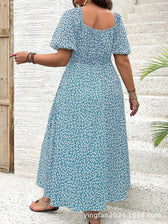 Floral Square Neck Puff Sleeve High Split Midi Dress 5