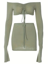 Crop Top And Bodycon Skirt Set With Drawstring Ruched Detail S / Green Outfits
