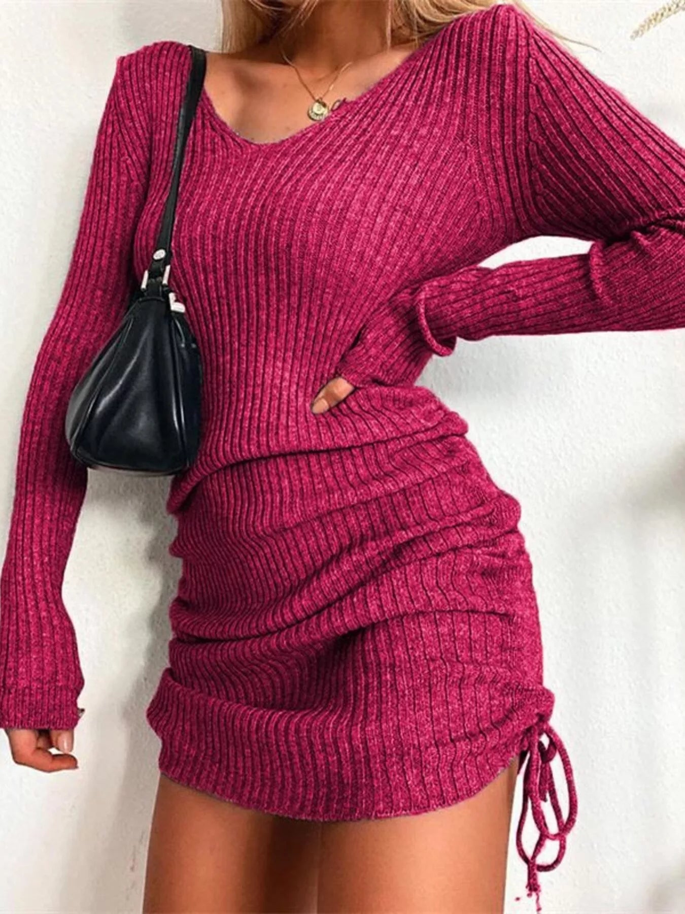 Full Size Ribbed Knit Drawstring Bodycon Sweater Dress Plus Size Fuchsia Pink