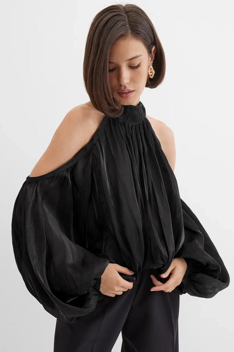 Metallic Halter Tie Neck Long Sleeve Top