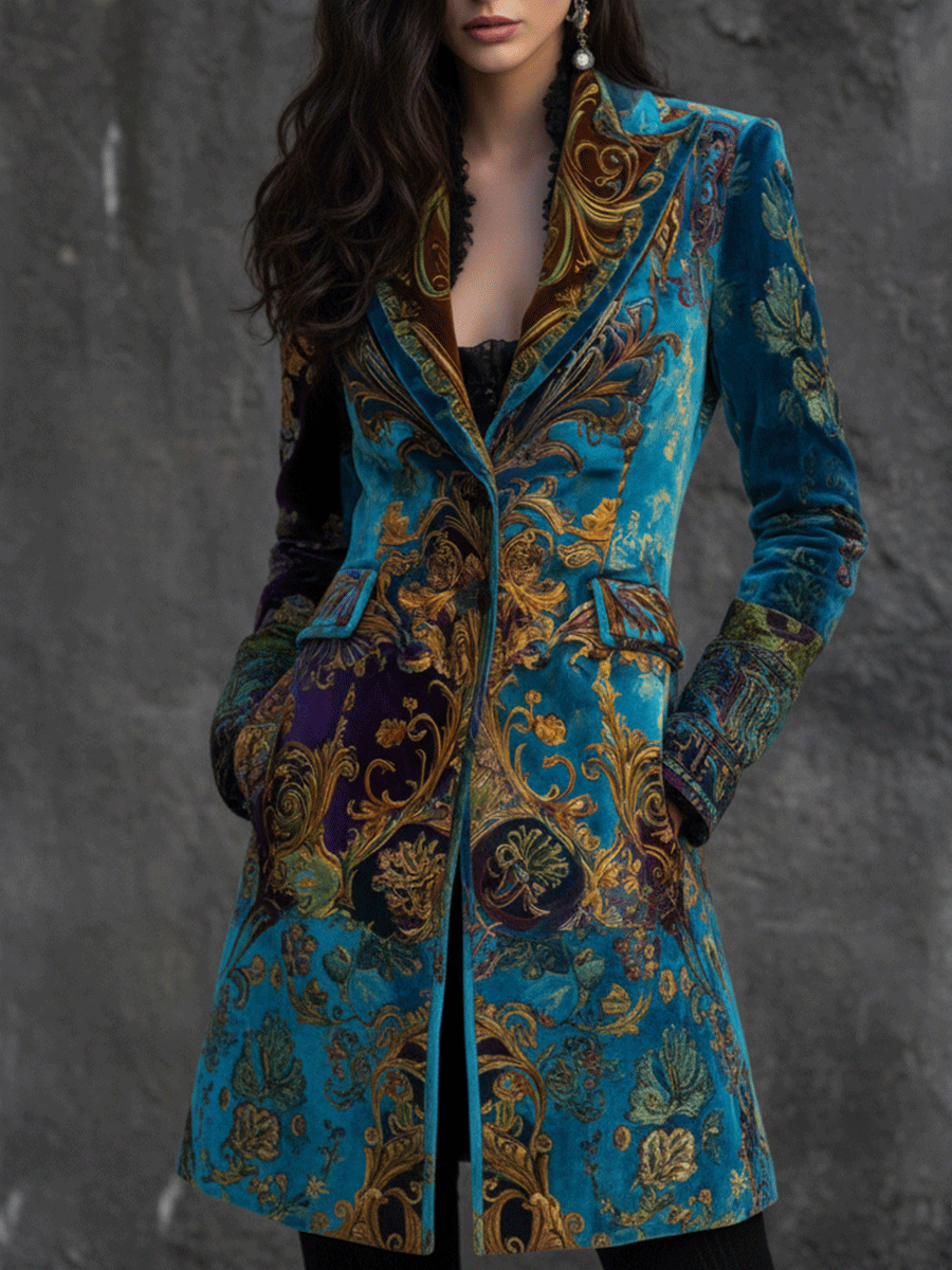 Vintage Boho Teal Baroque Velvet Coat - FashionAxe