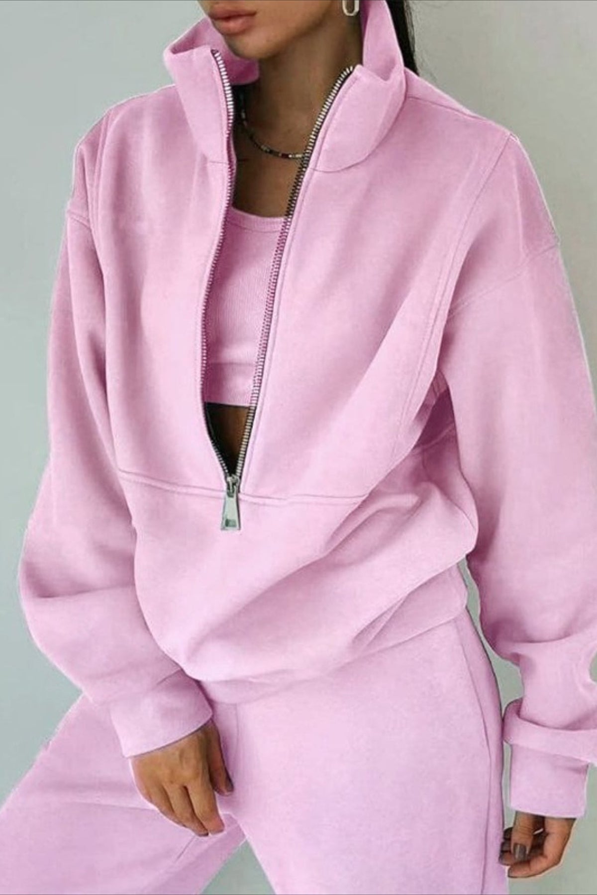 High Collar Half Zip Oversized Fleece Sweatshirt and Joggers Two Piece Set 4