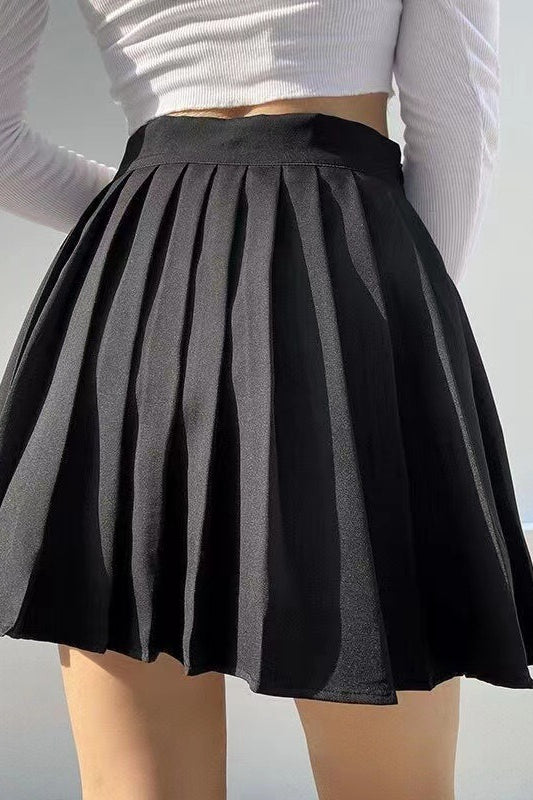 High-Waist Pleated Denim Mini Skort