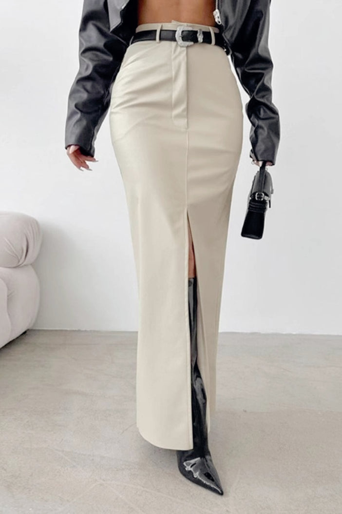 Solid Leather High Waist Slit Skirt
