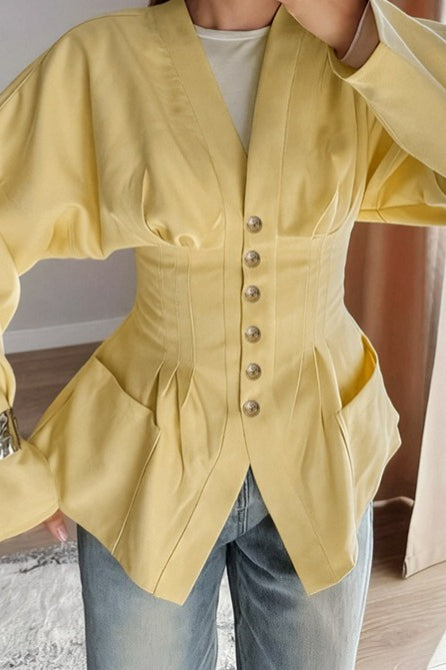 V-Neck Long Sleeve Pleated Cinched Waist Button Front Peplum Blouse