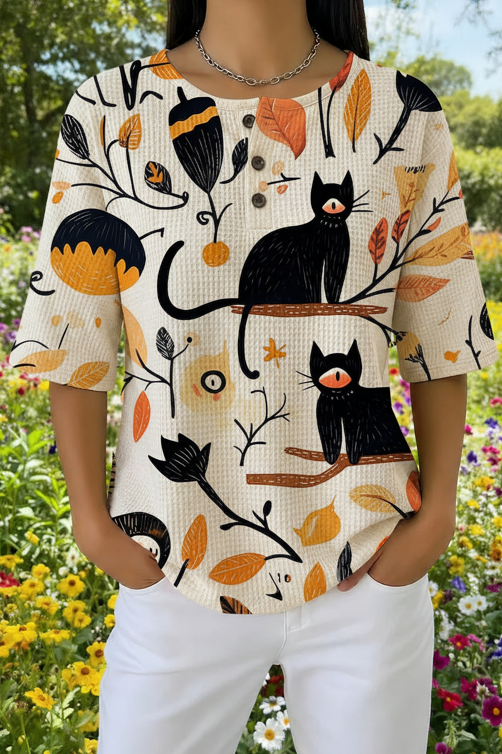 Womens Cream Celestial Black Cat Print Casual Shirt