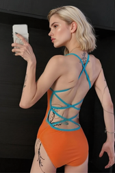 Sexy Color Block Crisscross Lace Up Backless One Piece Swimwear