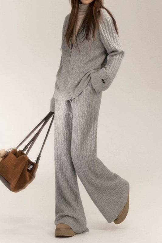 Cable Knit Zip Front Hoodie and Wide Leg Pants Two Piece Set 2