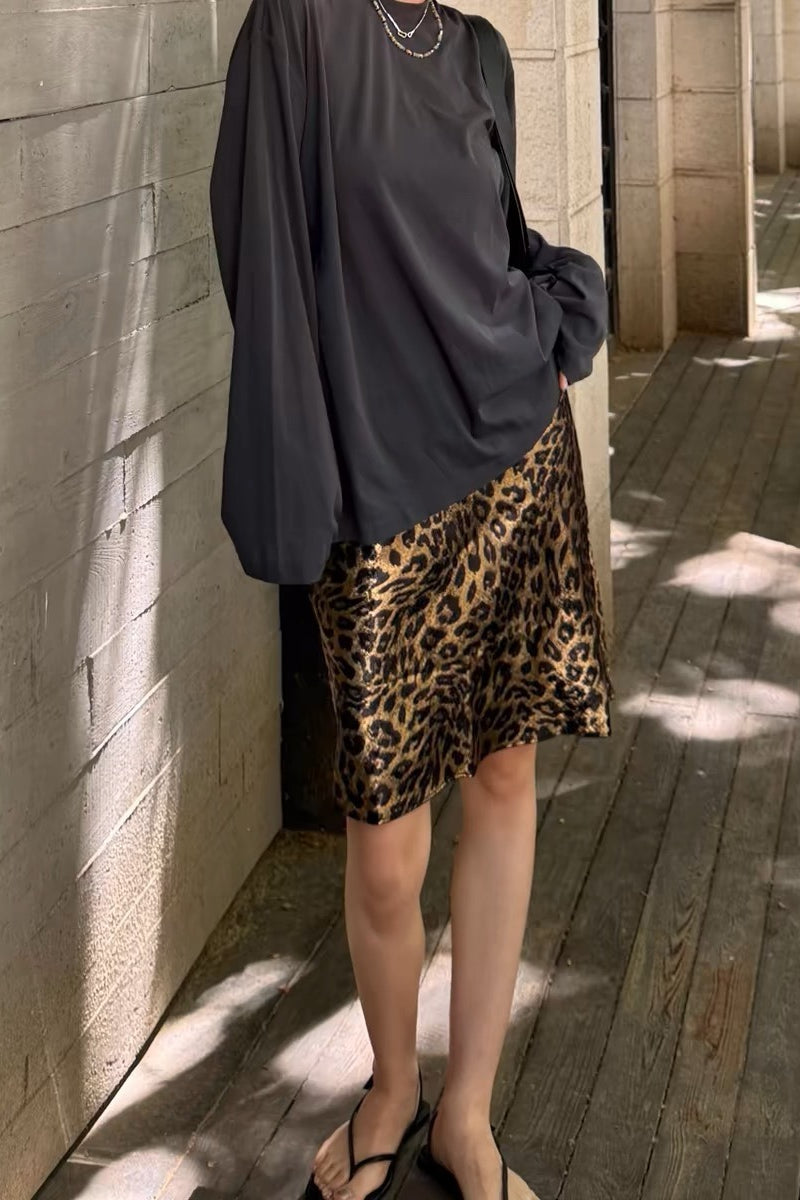 Leopard Print Satin Asymmetric Hem Slip Midi Skirt