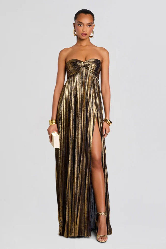 Strapless Twist Front Metallic Pleated High Split Maxi Dress