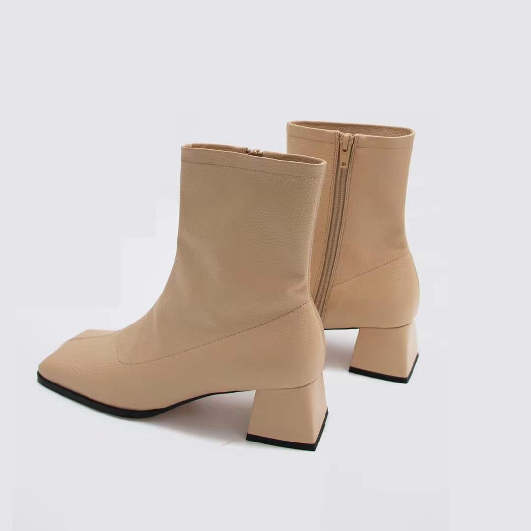 Classic Nude Leather Boots Elegant Glove-Like Ankle Boots High Heel Side Zipper Boots