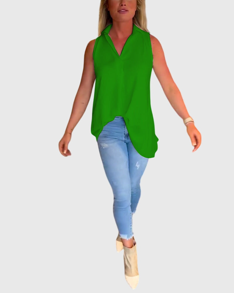 Collared Sleeveless High Low Blouse