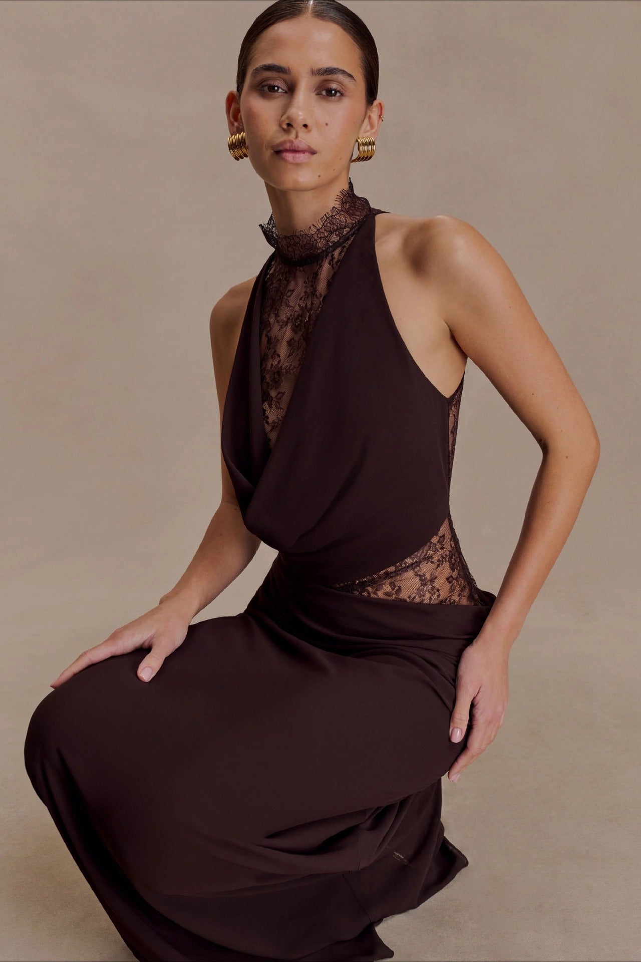 Halter Neck Lace Cut Out Backless Bias Cut Maxi Dress