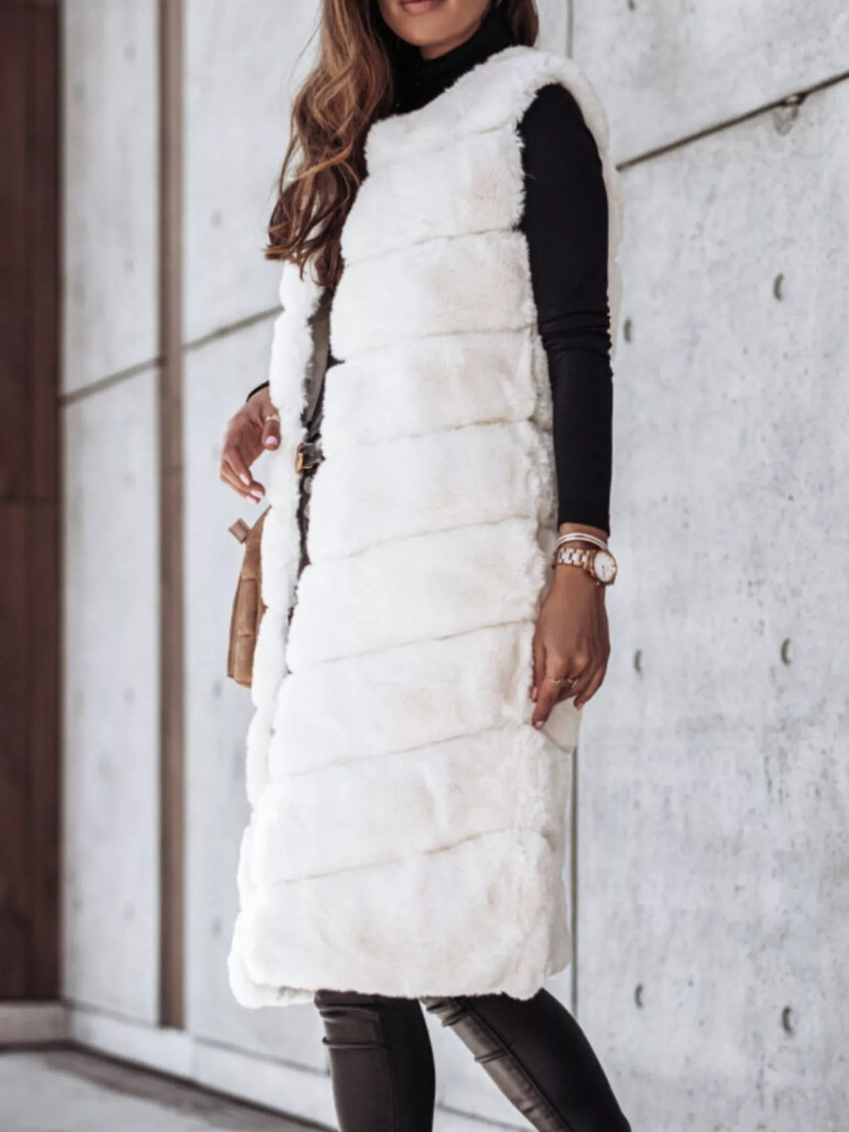 Faux Fur Sleeveless Open Front Longline Vest Coat 8