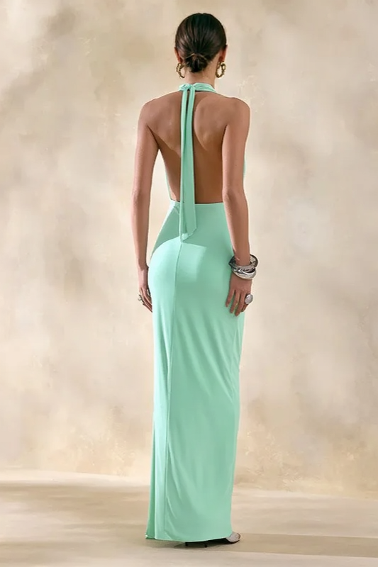 Halter Cowl Neck Ruched High Split Maxi Dress