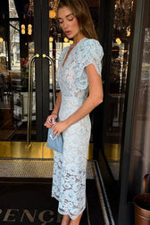 V Neck Puff Sleeve Solid Bodycon Elegant Lace Dress