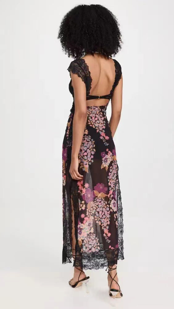 Floral Lace Trim Cut Out Slip Midi Dress 33
