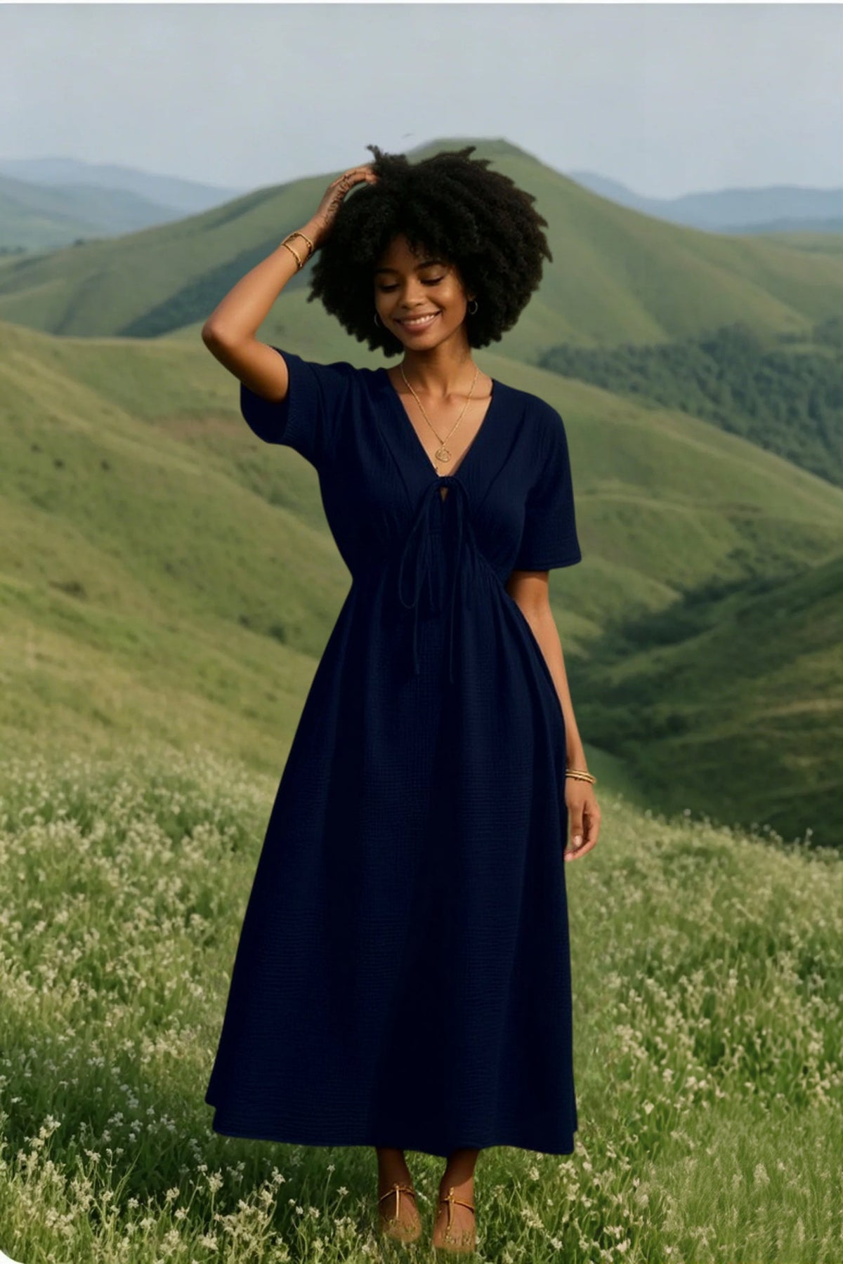 Textured V-Neck Short Sleeve Tie Front Empire Waist Midi Dress 4