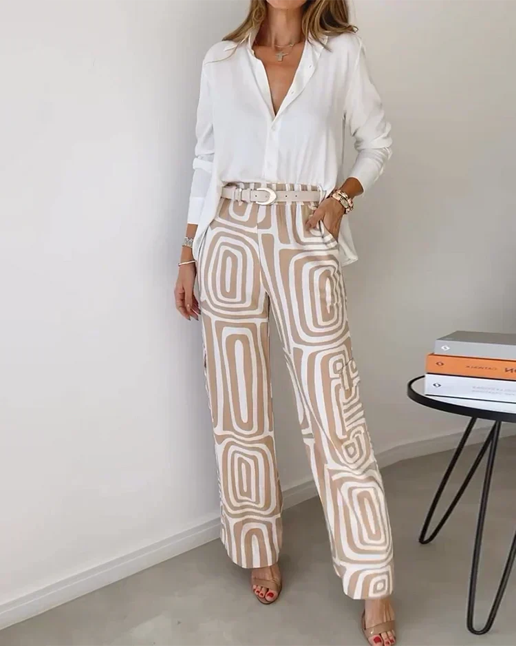 Long Sleeve Shirt and Geometric Print Wide Leg Pants Two Piece Set