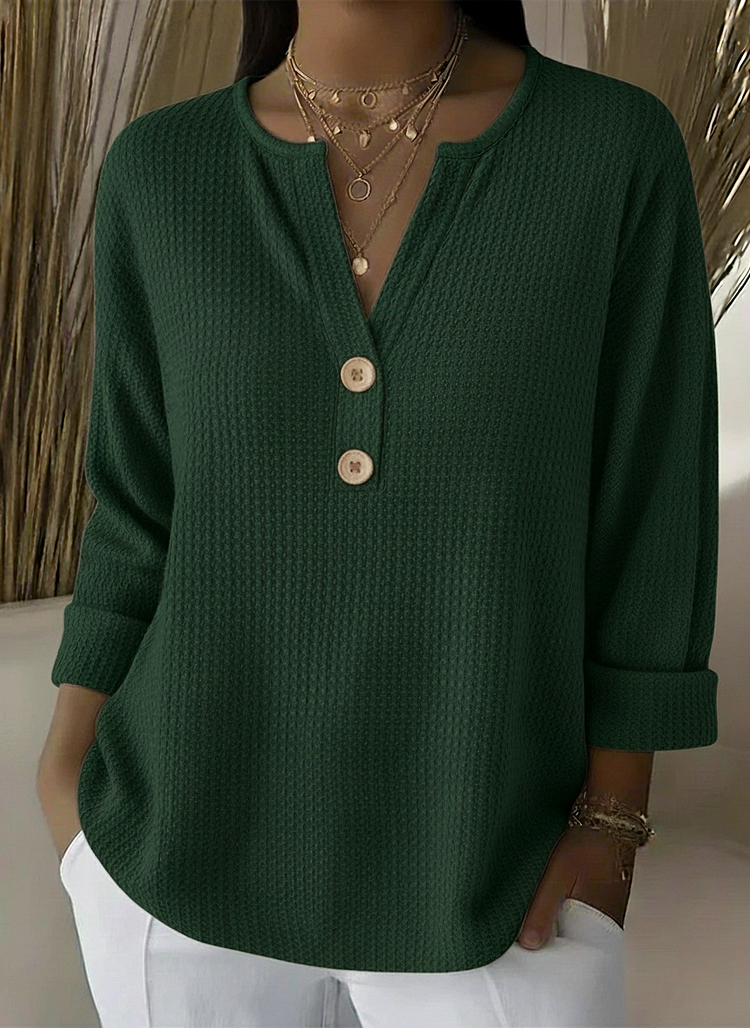 Notch Neck Waffle Knit Button Henley Top