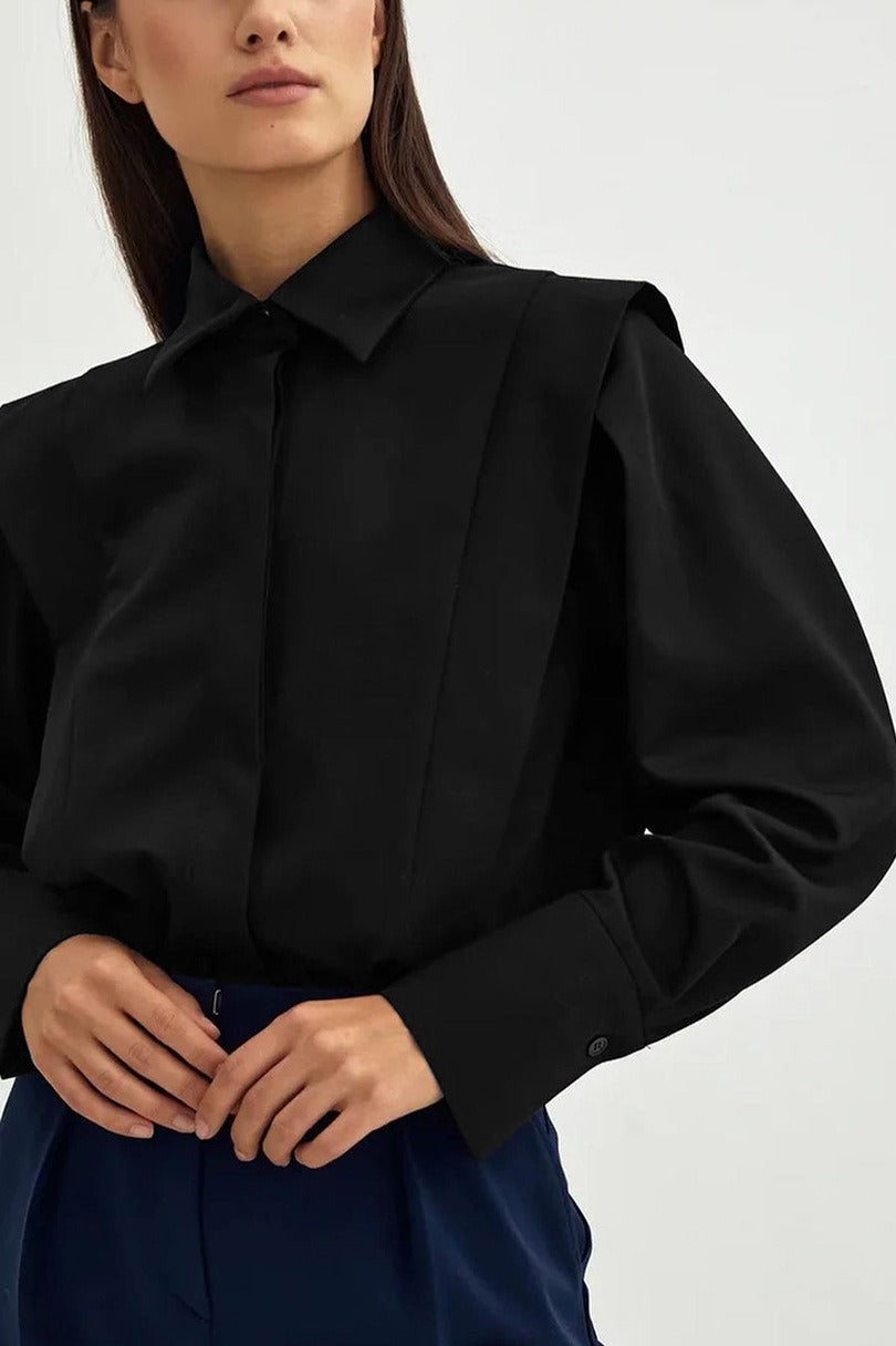 Pleated Shoulder Panel Collared Button Front Long Sleeve Shirt 7