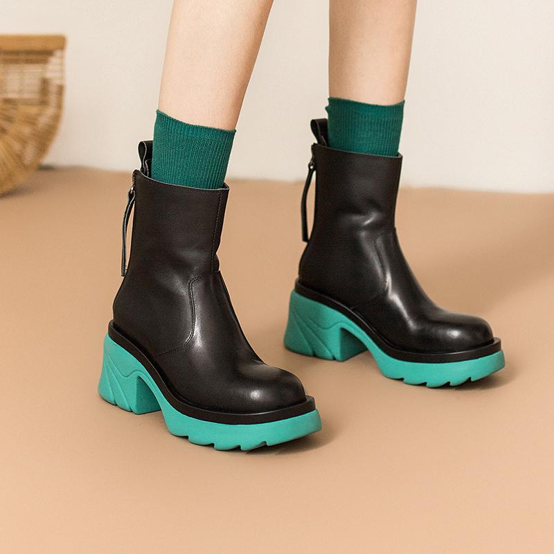 Colorful Sole Leather Short Boots Chunky Riding Boots High Heel Back Zip