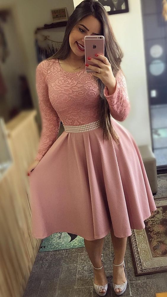 Cute Short Long Sleeves Pink Homecoming Dresses