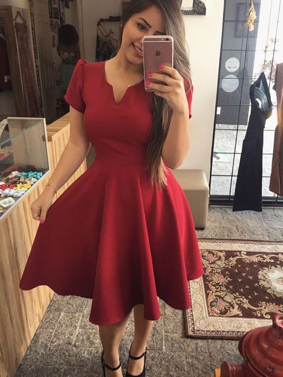 Cute Short V Neck Cap Sleeves Burgundy Satin Homecoming Dresses