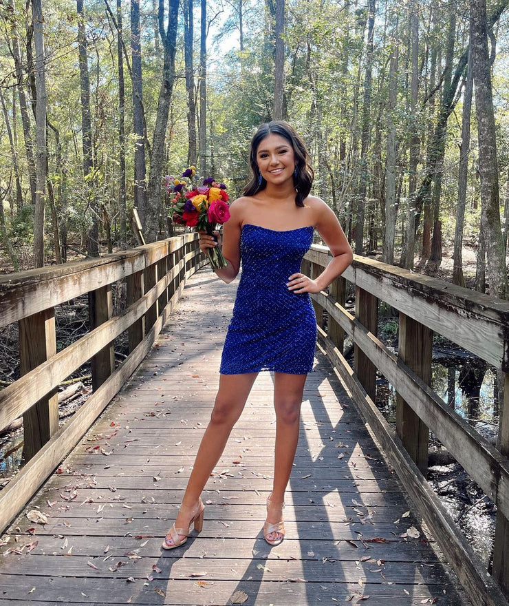 Cute Spakrly Strapless Blue Sequins Short Homecoming Dresses