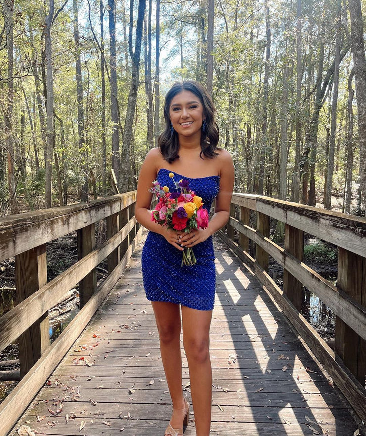 Cute Spakrly Strapless Blue Sequins Short Homecoming Dresses