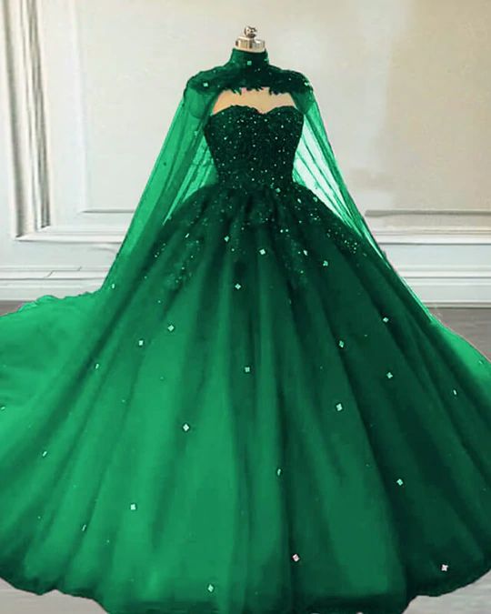 Crystals Ball Gown Emerald Green Quinceanera Dresses With Cape