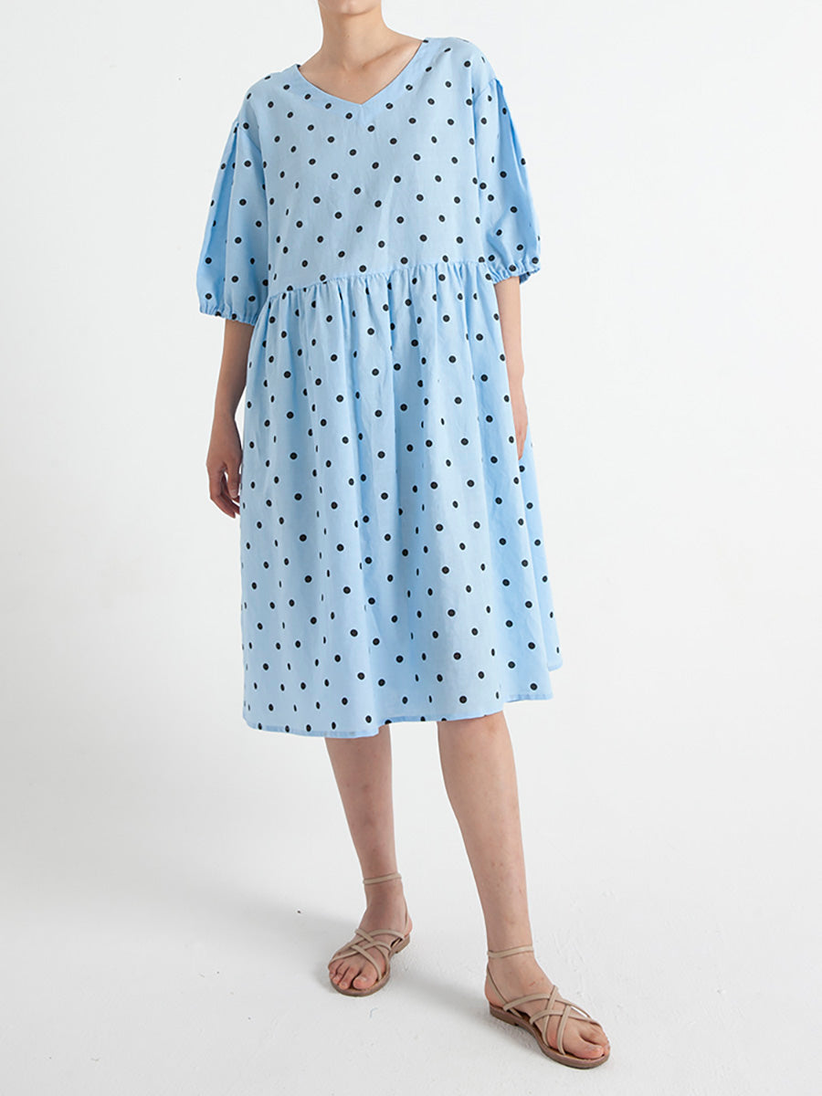 Polka Dot V-Neck Puff Sleeve Empire Waist Midi Dress