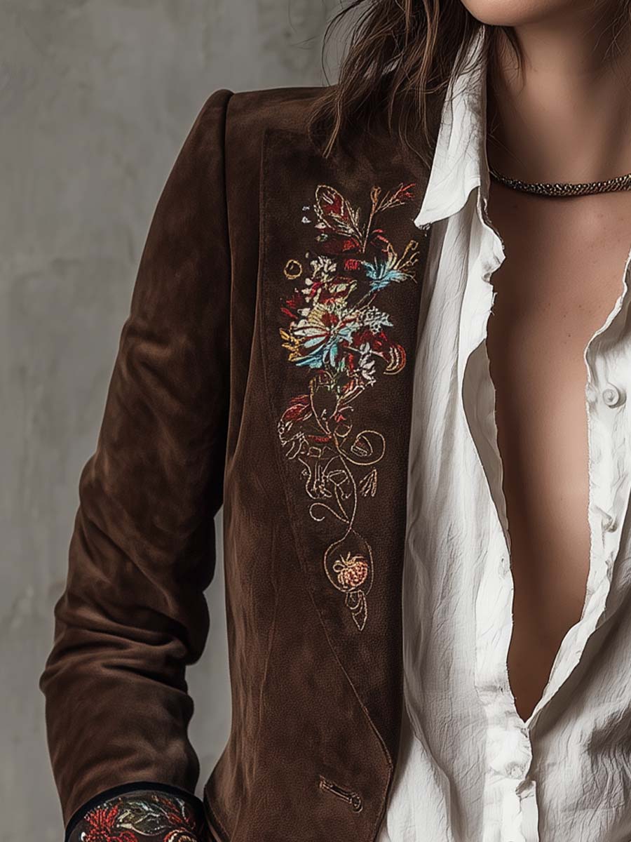 Suede Look Floral Embroidered Notch Lapel Blazer